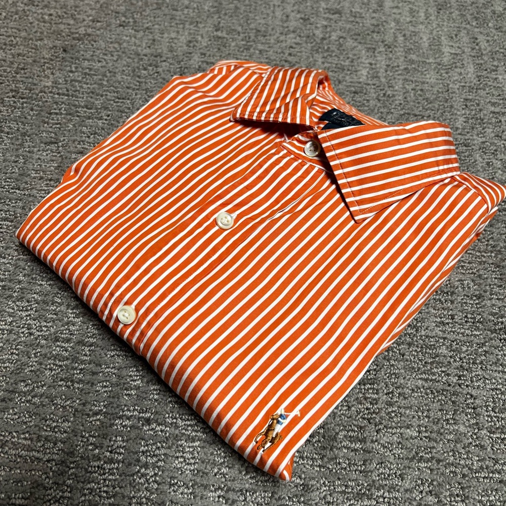 Polo Ralph Lauren orange white stripe long sleeve button Stanton custom fit XL